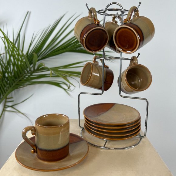 unbranded Other - Vintage 90s Cottage Cabin Core Brown 6 Piece Ceramic Expresso & Saucer Set